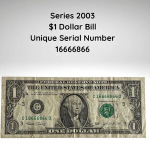 2003 $1 Bill – Fancy Serial Number 16666866 – Repeater / Near-Mirror – Circulate